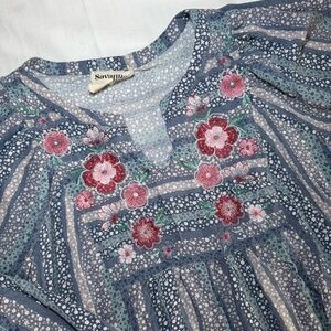 Savanna Jane Boho Embroidered Peasant Top Blue Floral Patchwork Flowy Size 1X